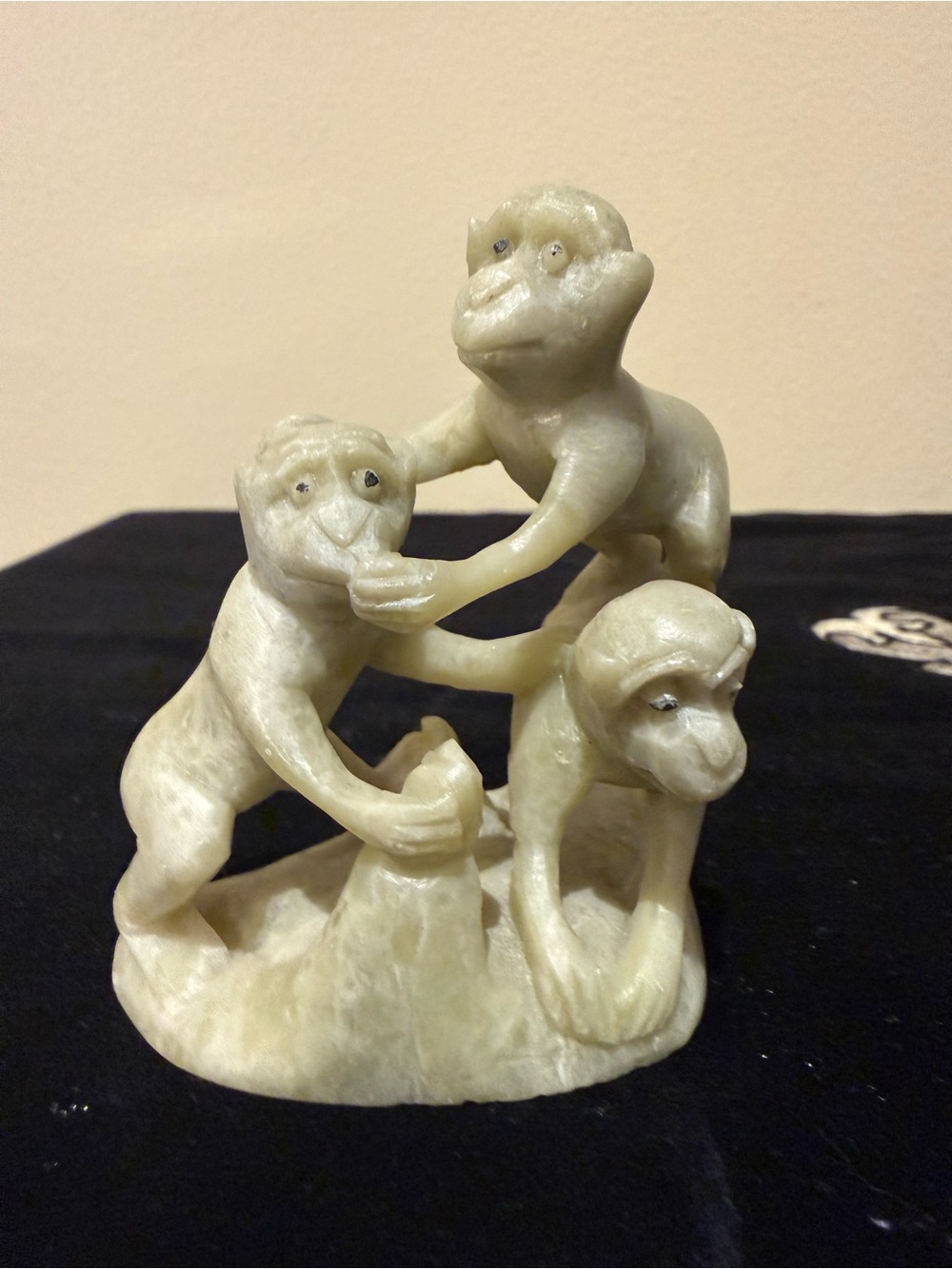 Vintage Hand Carved Stone Monkey Sculpture Three Monkeys Figurine Folk Art Decor